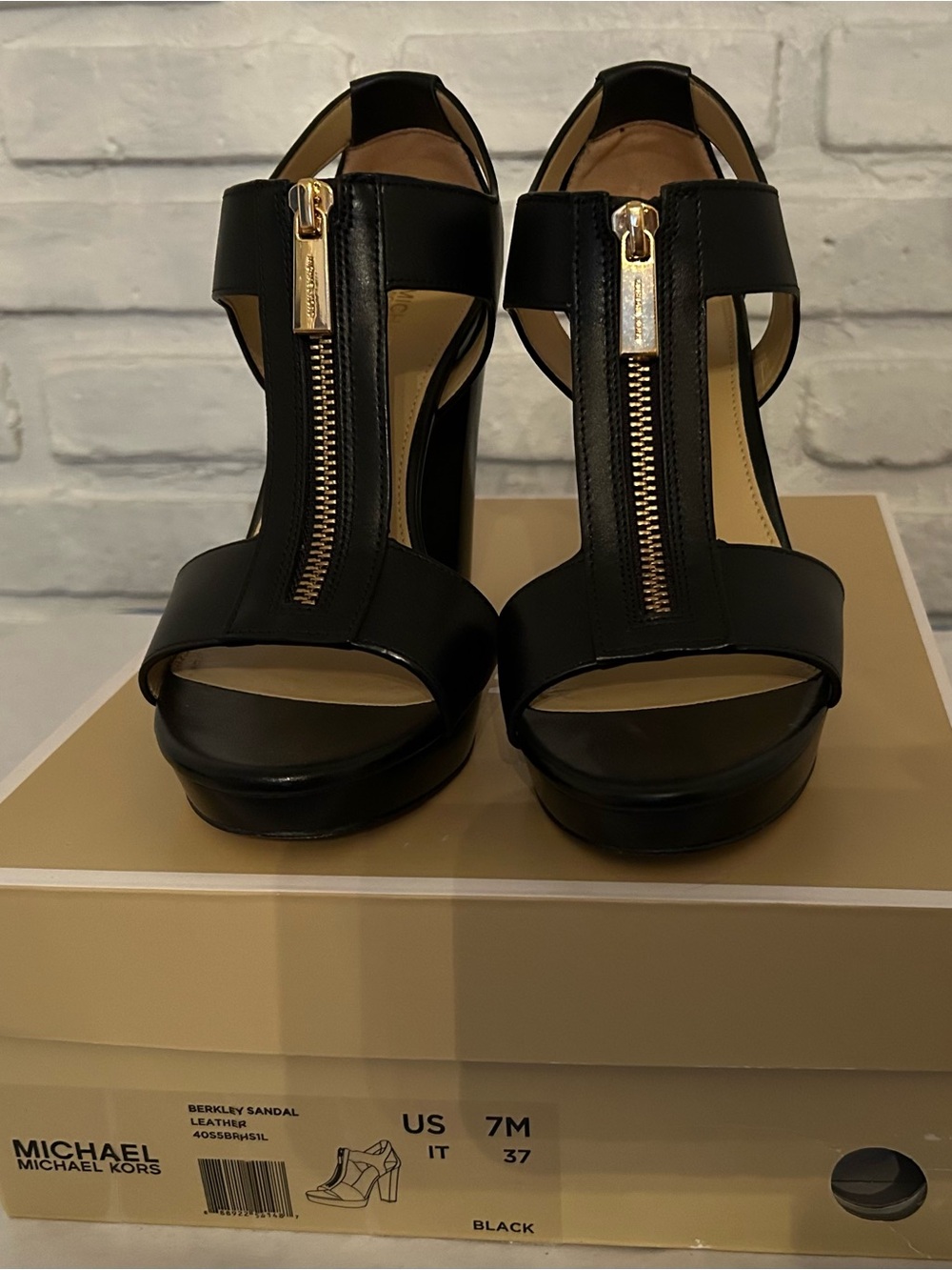 Michael Kors Black Leather T-Strap Platform Heels with Gold Zipper